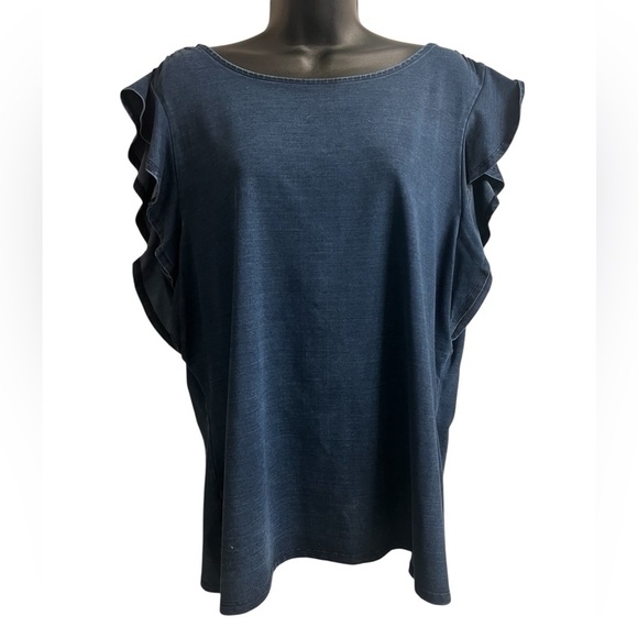 White House Black Market Blue Flutter Sleeve Blouse Navy Classic Stretch Sz XL - Picture 1 of 5